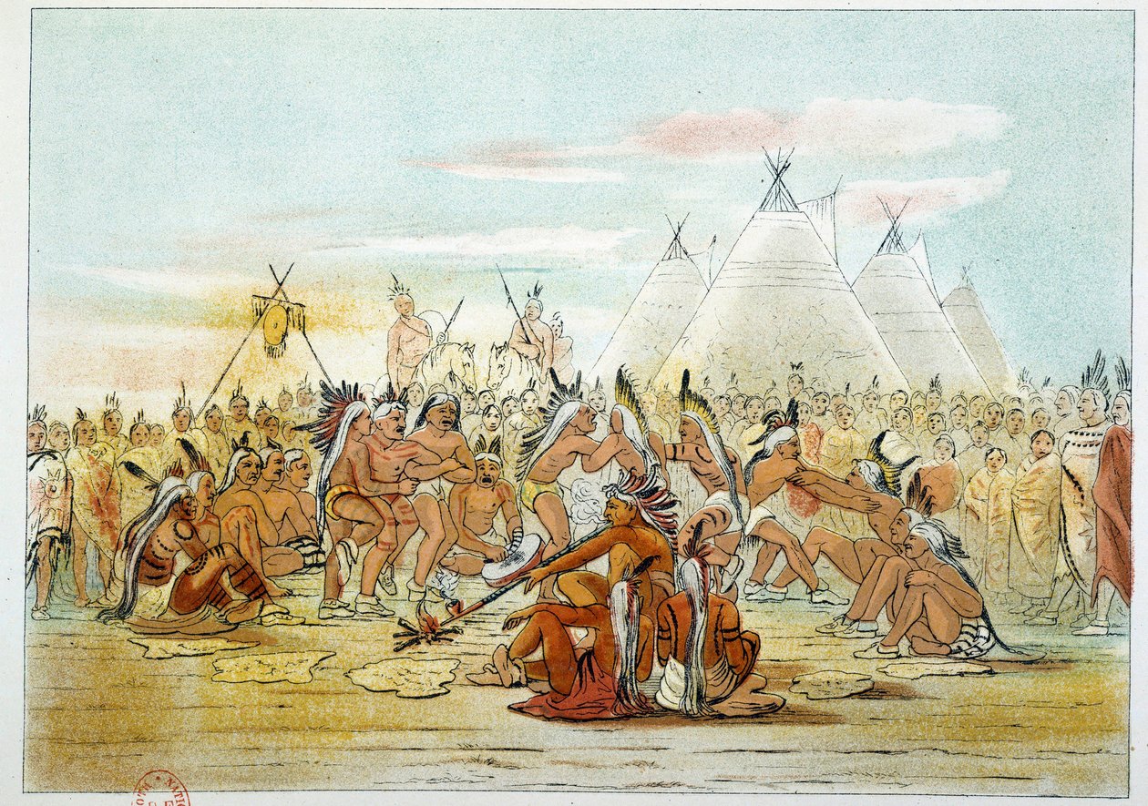 美国的印第安人。Assiniboin部落类似于苏族人的烟斗舞。乔治-卡特林（1794-1872）的插图 作者 乔治·卡特琳