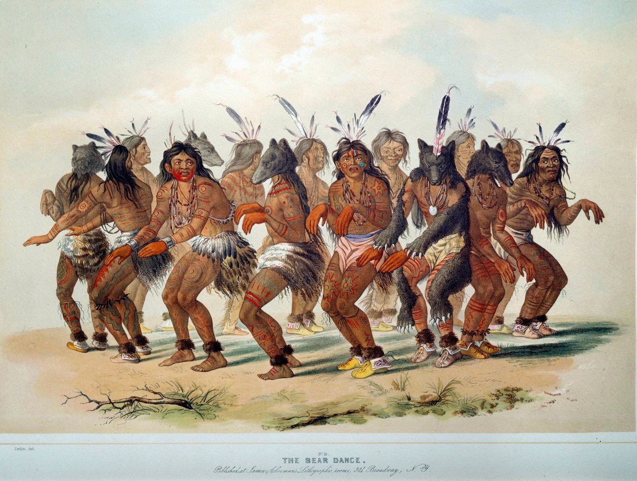 美国的印第安人。熊舞，一个红皮肤部落的仪式。乔治-卡特林（1794-1872）的插图 作者 乔治·卡特琳