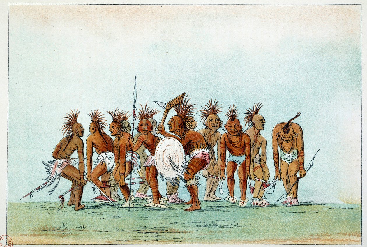 美国的印第安人。黑鹰部落为游客跳乞丐舞。乔治-卡特林（1794-1872）的插图 作者 乔治·卡特琳
