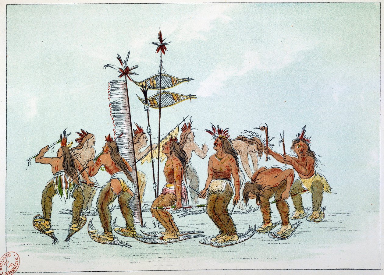 美国的印第安人。奇普威部落的雪鞋舞。乔治-卡特林（1794-1872）的插图 作者 乔治·卡特琳