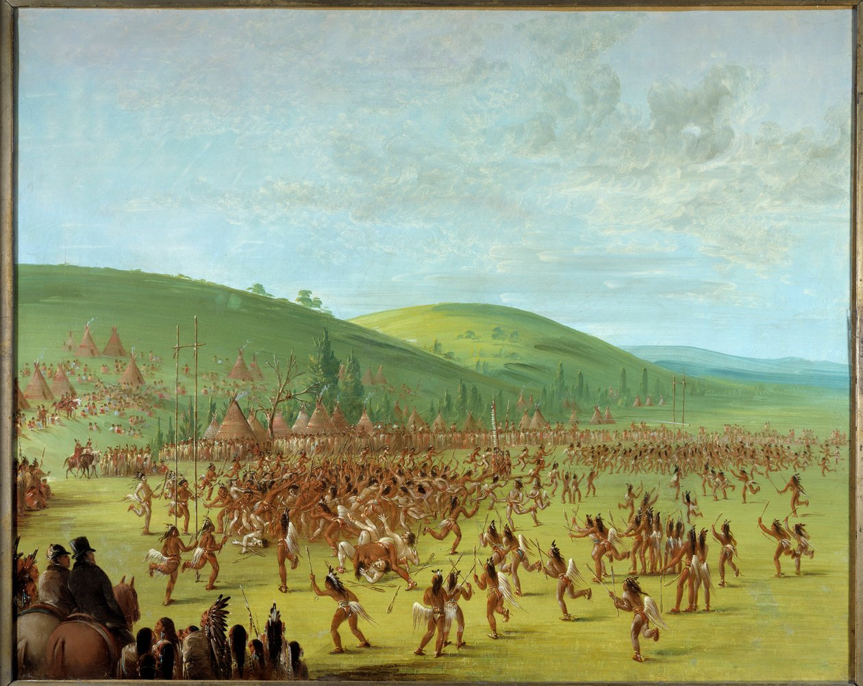 美国印第安人：“印第安人之间的球游戏”乔治·卡特林（George Catlin）（1794-1872 年）的绘画，1835 年 Blerancourt，佛朗哥美国人博物馆 - 美洲原住民球赛。 乔治·卡特林 (George Catlin) 的绘画 (1794-1872) 作者 乔治·卡特琳