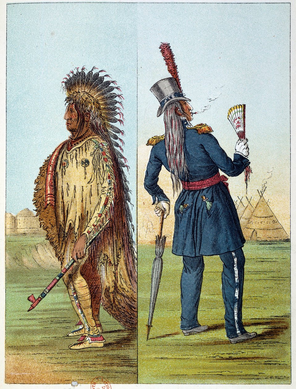美国的印第安人：印第安人assiniboin vetu在他的口袋里装着两瓶wisky。乔治-卡特林（1794-1872）的插图 作者 乔治·卡特琳