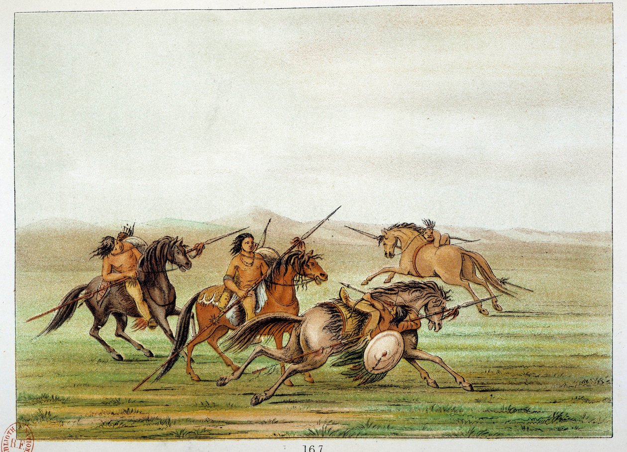 美国的印第安人。勇士们 指挥官在马背上训练。乔治-卡特林（1794-1872）的插图 作者 乔治·卡特琳