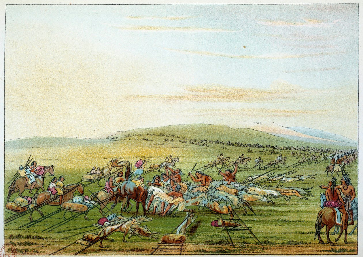 美国的印第安人：有马和狗的印第安人部落。乔治-卡特林（1794-1872）的插图 作者 乔治·卡特琳
