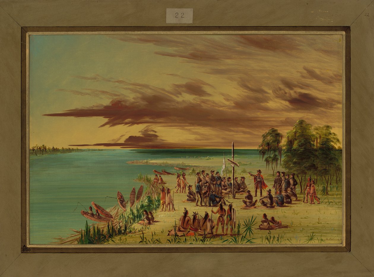 1682年4月9日，拉萨尔（La Salle）向法国索要路易斯安那，1847-48年 作者 乔治·卡特琳