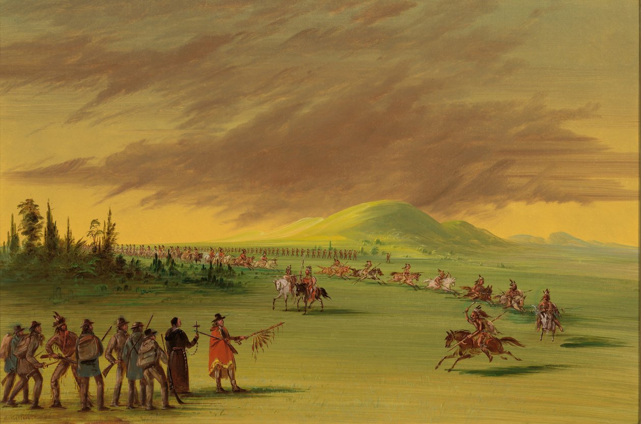 拉萨尔在德克萨斯州的大草原上遇到了塞尼斯印第安人的战队。1686年4月25日，18471848年。 作者 乔治·卡特琳