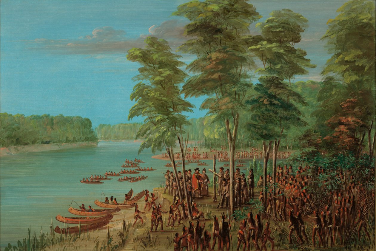 拉萨尔占领阿肯色河口的土地。1682年3月10日，18471848年。       作者 乔治·卡特琳