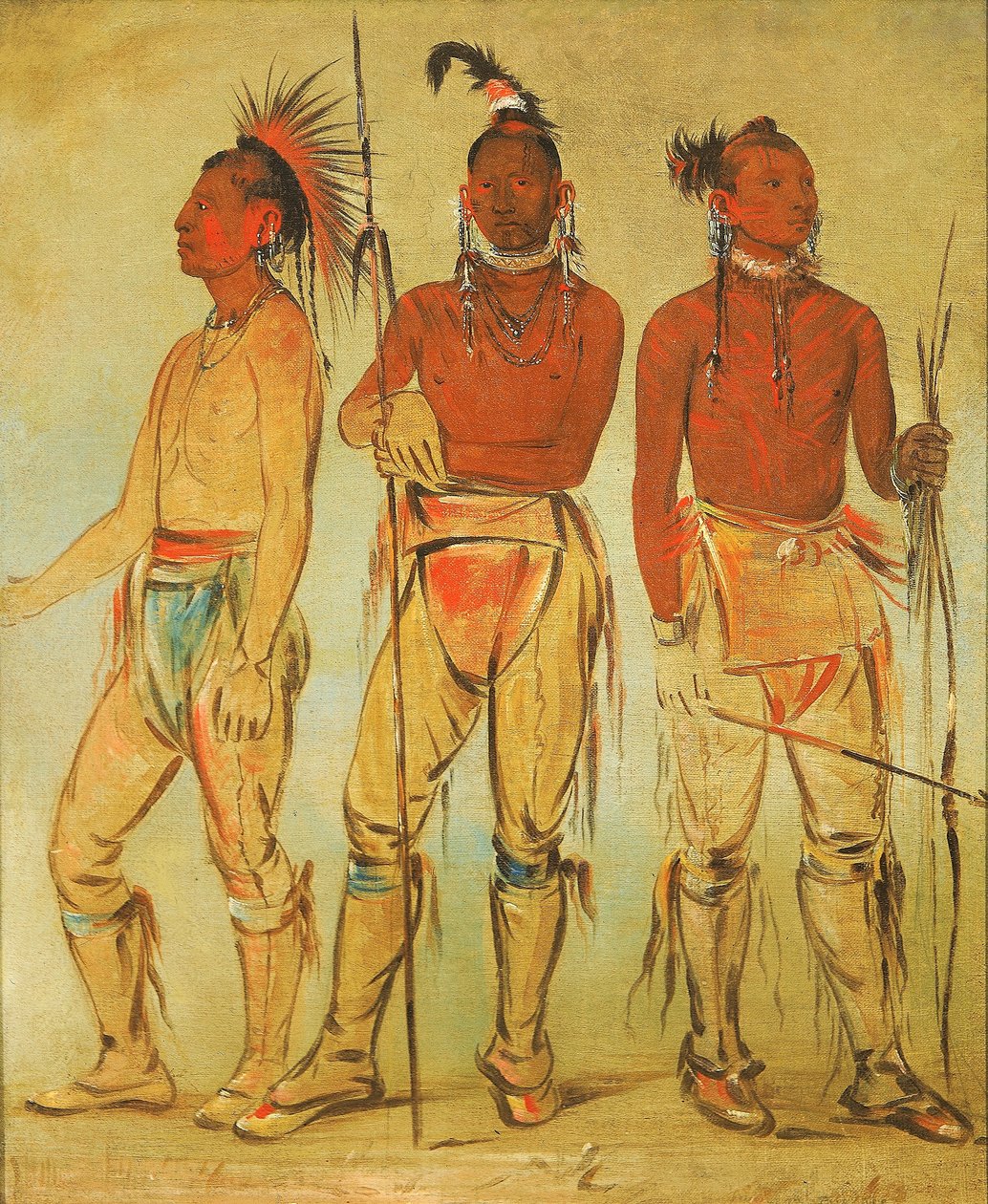 三位年轻的勇士：Mun-ne-pús-kee（不害怕的人）、Ko-ha-túnk-a（大乌鸦）和 Nah-cóm-ee-shee（床上的人）。 作者 乔治·卡特琳