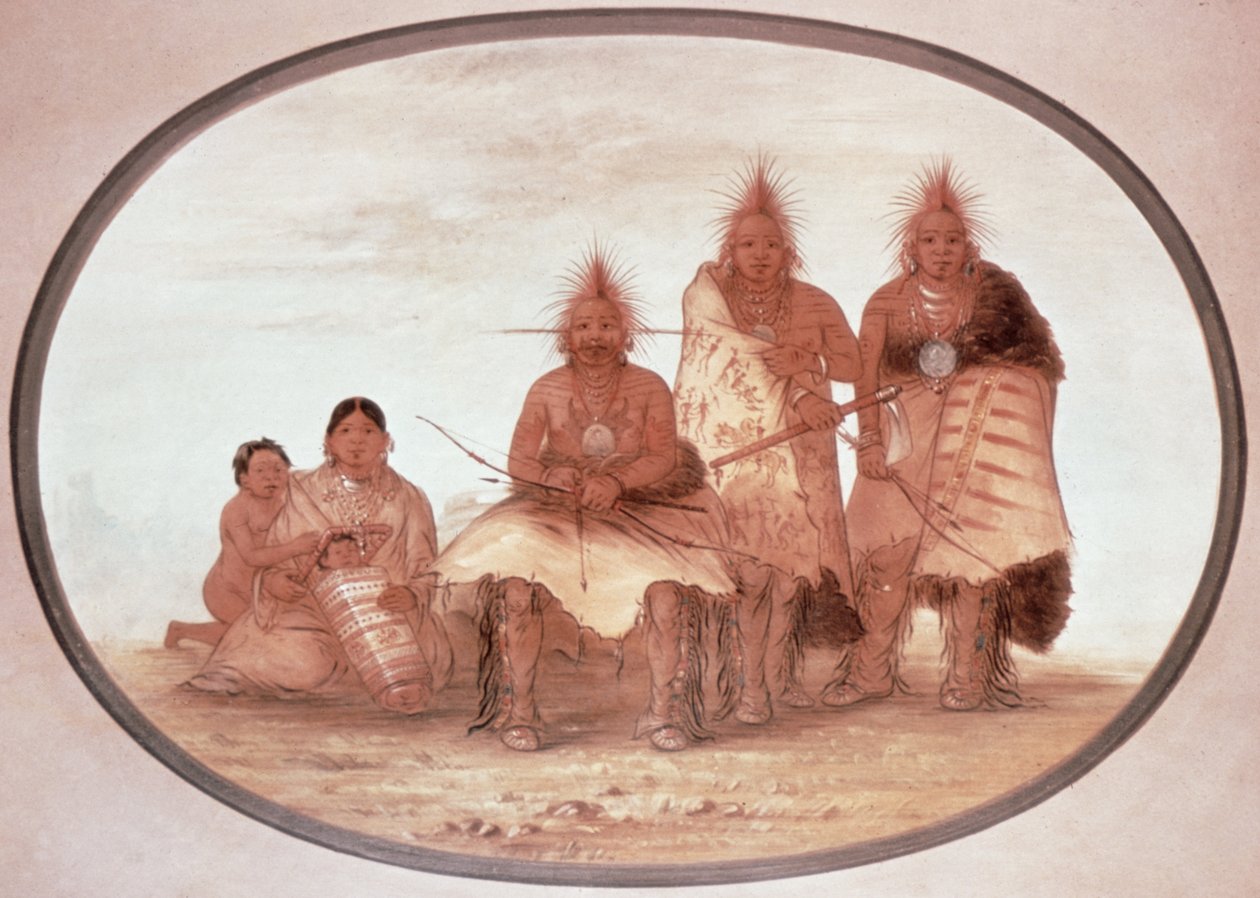 波尼族战士，约1832年（彩色平版印刷）。 作者 乔治·卡特琳