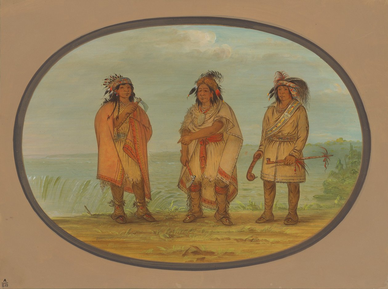 塞内卡酋长，红夹克，和两个勇士，1861-869年。 作者 乔治·卡特琳