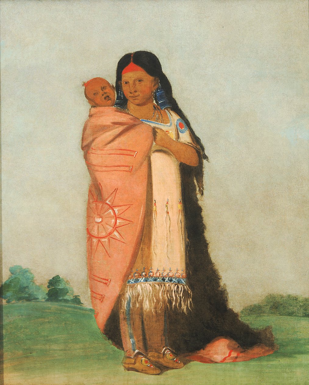 伟大的奇迹Tete-moúnt，用她的袍子抱着她的孩子，1832年。 作者 乔治·卡特琳