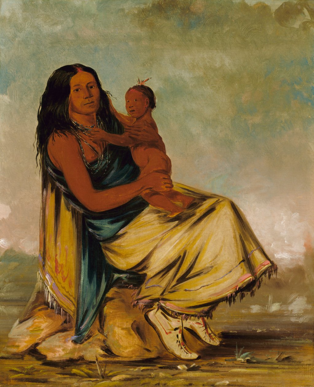 Wáh-chee-te, Cler-mónt的妻子和孩子，1834年。 作者 乔治·卡特琳