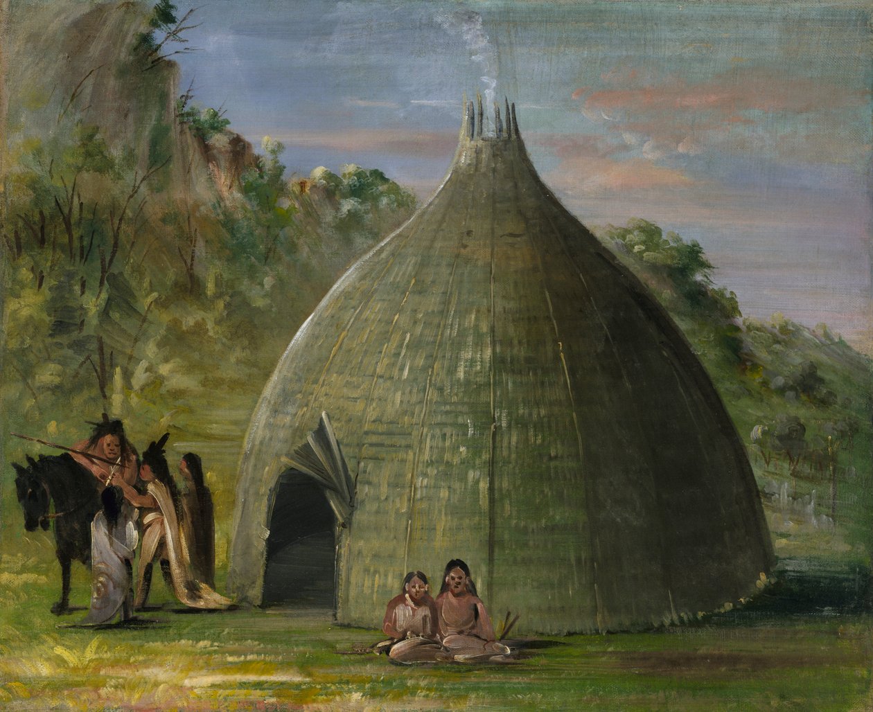 威奇塔小屋，用草原草做的茅草，1834-1835。 作者 乔治·卡特琳