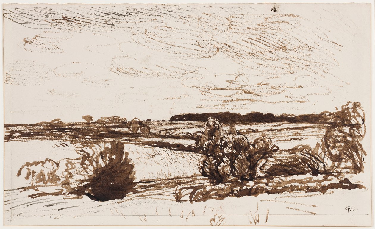 风吹的景观（笔，画笔和棕褐色墨水在纸上） 作者 乔治·克劳森