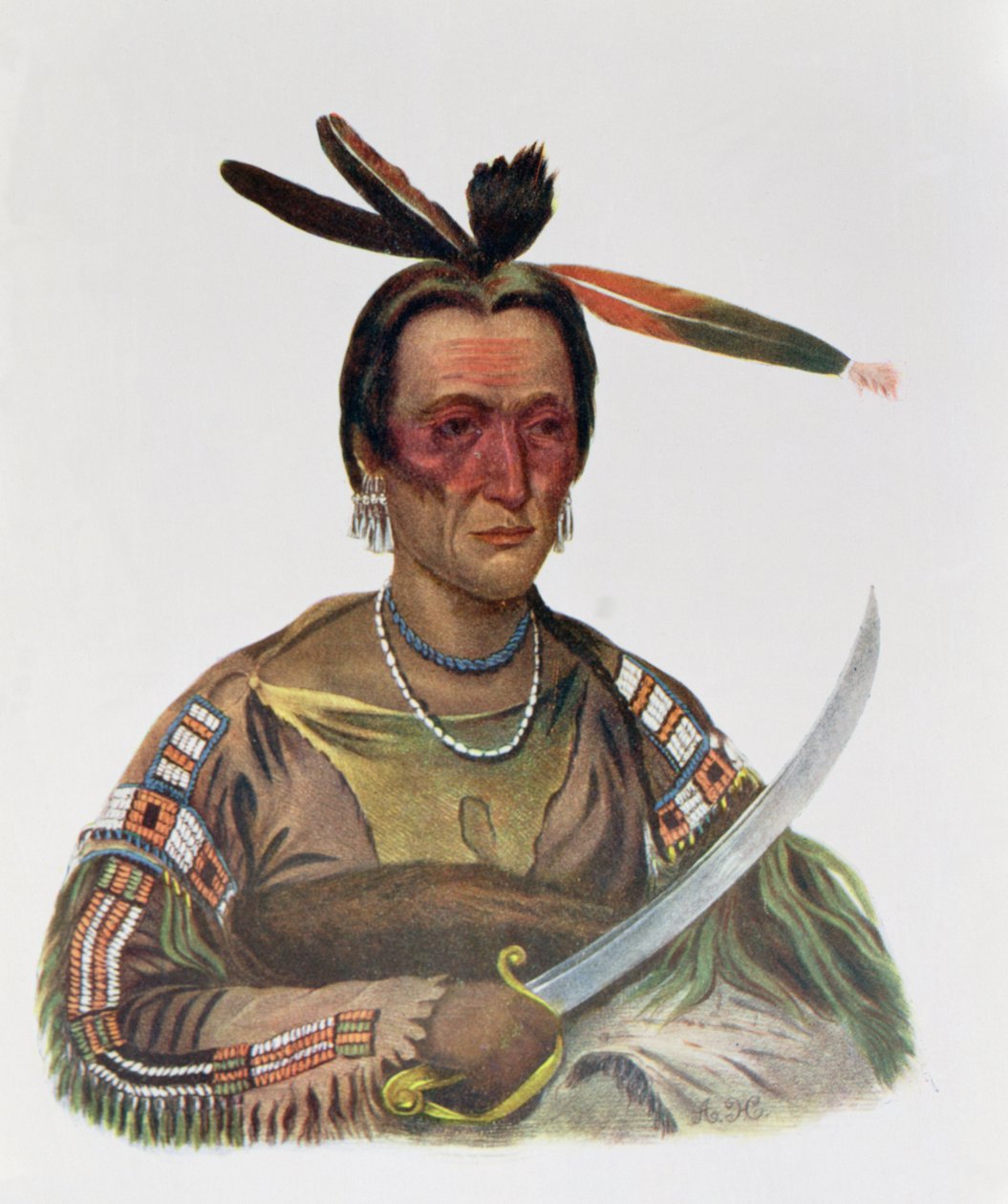1837年，Yankton Sioux酋长To-Ka-Cou，来自“北美印第安部落，第1卷”的插图，由Thomas L. McKenney和James Hall，pub。约翰格兰特 作者 乔治·库克