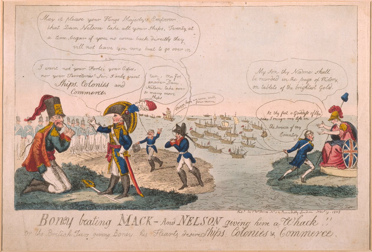 Boney Beating Mack  - 和Nelson给他一个重击！，1805（彩色蚀刻） 作者 乔治·克鲁克申克