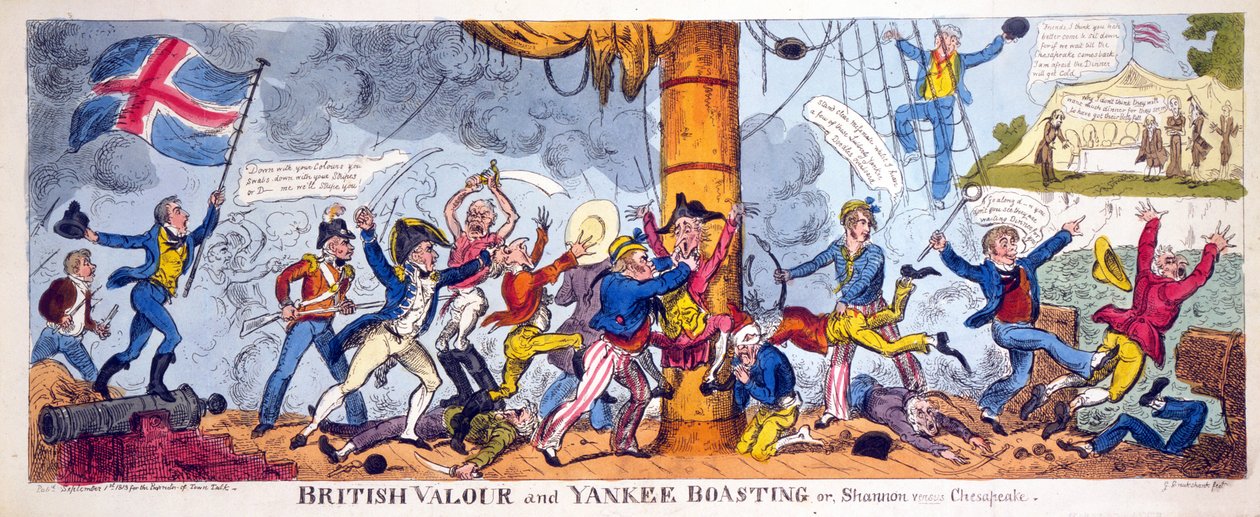 英国勇气和洋基吹嘘，或香农与切萨皮克，酒吧。 1813年（手工彩色雕刻） 作者 乔治·克鲁克申克