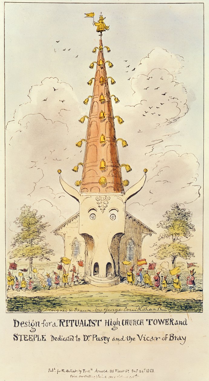 设计一个仪式主义高塔和尖塔，致力于Pusey博士和布雷牧师，1868年（打印） 作者 乔治·克鲁克申克