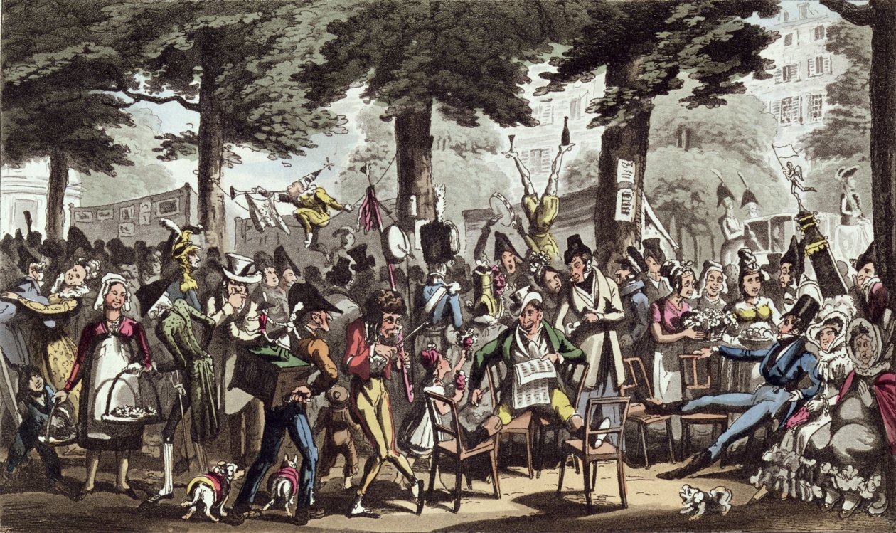 Dick Jenkins，船长，Lady Halibut和Lydia在意大利大道享受休息室，来自David Carey的“巴黎生活”，于1822年出版 作者 乔治·克鲁克申克