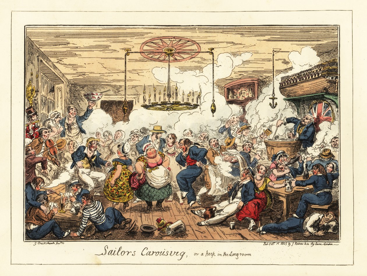 英国水手在酒吧喝酒跳舞，拿破仑时代，1829 年（石版画） 作者 乔治·克鲁克申克