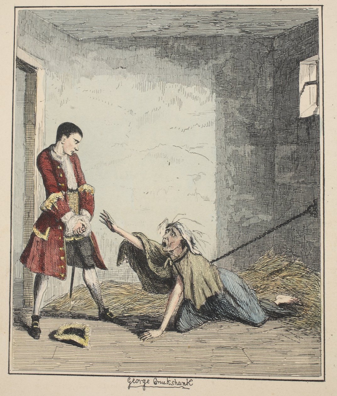 杰克谢泼德拜访了他在Bedlam的母亲，杰克谢泼德的插图：1839年出版的William Harrison Ainsworth的浪漫故事（手工蚀刻） 作者 乔治·克鲁克申克