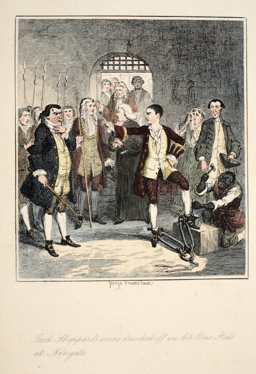 Jack Sheppards铁杆在Newgate的Stone Hall中被击倒，来自Jack Sheppard的插图：1839年出版的William Harrison Ainsworth的浪漫（手工蚀刻） 作者 乔治·克鲁克申克