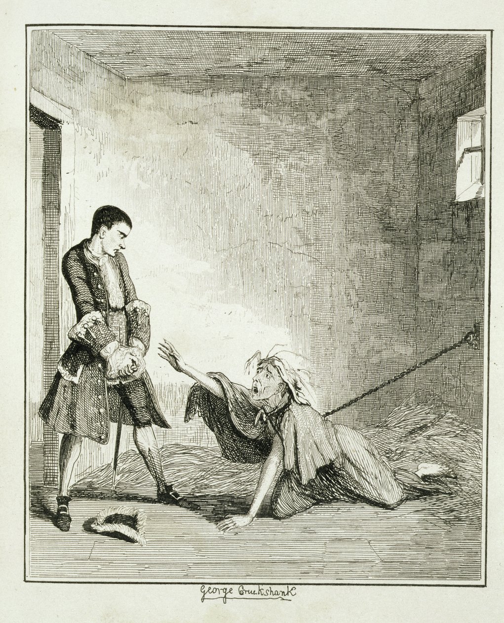杰克在伦敦伯利恒医院探望他的母亲，1839年出版的威廉哈里森安斯沃思的“杰克谢泼德：浪漫”插图 作者 乔治·克鲁克申克