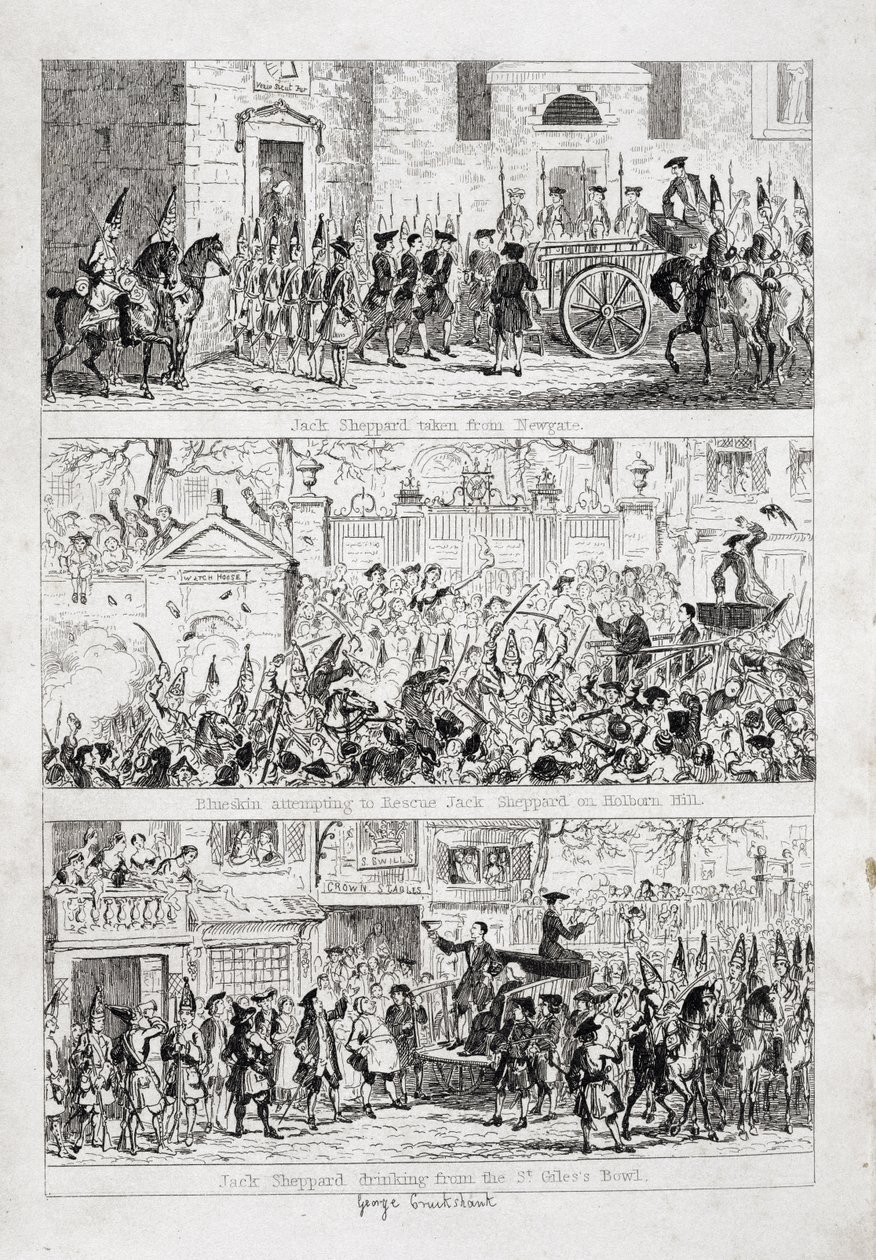 Jack从Newgate到Tyburn的旅程，来自William Harrison Ainsworth的“Jack Sheppard：A Romance”的插图，出版于1839年 作者 乔治·克鲁克申克