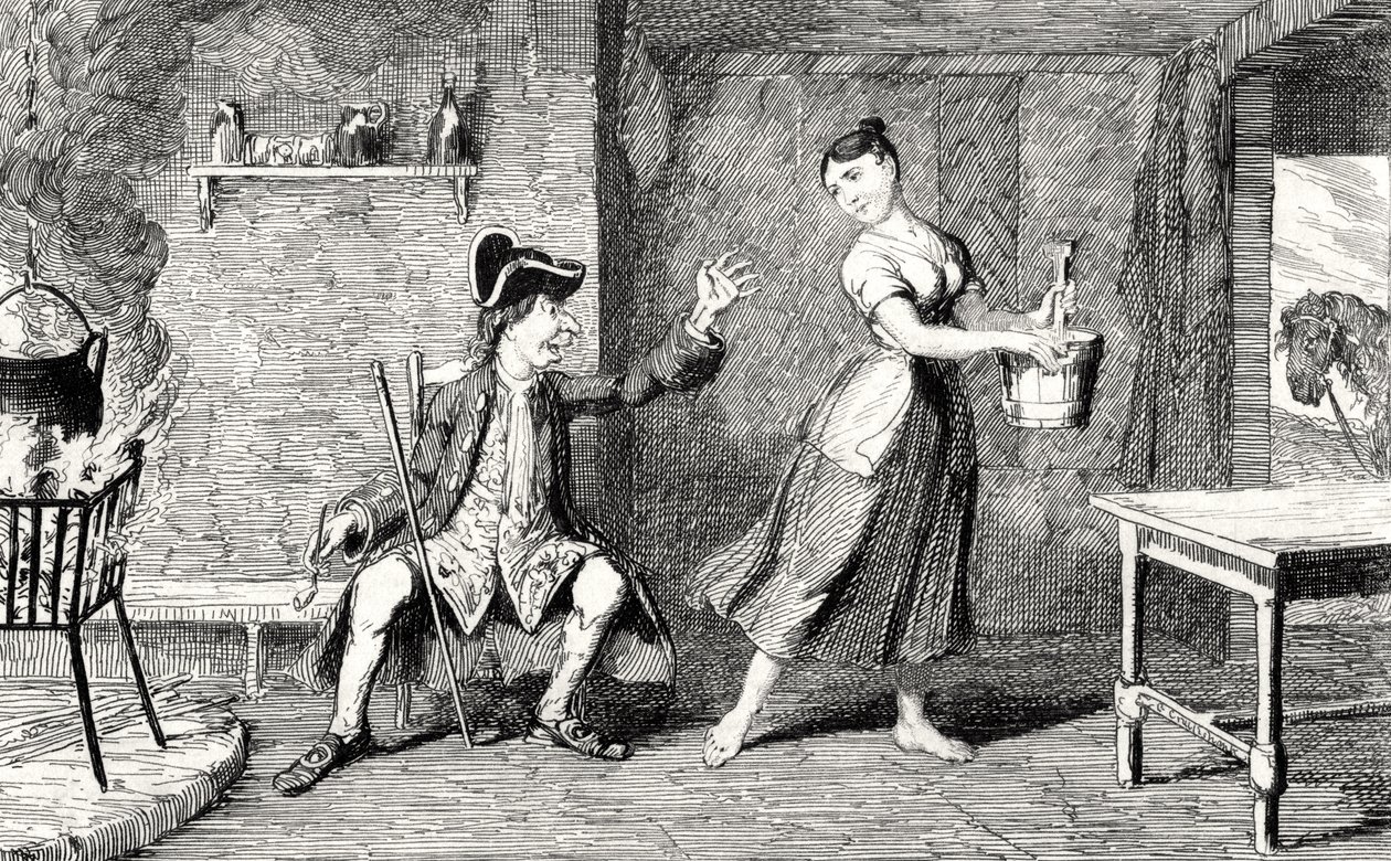 Jeannie Deans在她父亲的小屋里，来自Walter Scott爵士（1771-1832）的“中洛锡安之心”的插图发表于1843年 作者 乔治·克鲁克申克