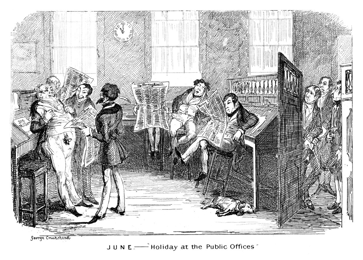 6月-在公共办公室度假，c1836。 作者 乔治·克鲁克申克
