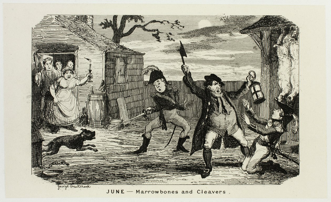 六月 - George Cruikshank 为《漫画年鉴》绘制的钢板蚀刻版画中的骨髓和菜刀：1835-1853 作者 乔治·克鲁克申克