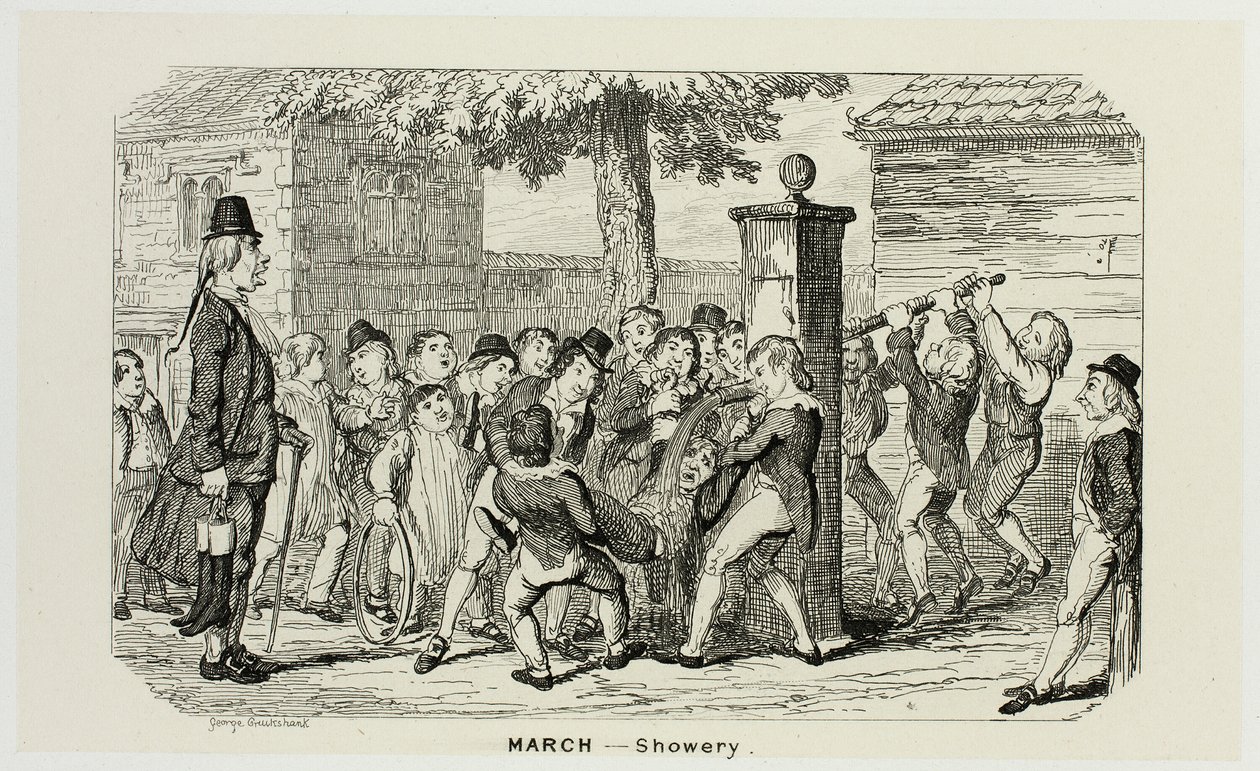 三月 - George Cruikshank 为《漫画年鉴》绘制的钢板蚀刻版画中的 Showery：1835-1853 作者 乔治·克鲁克申克