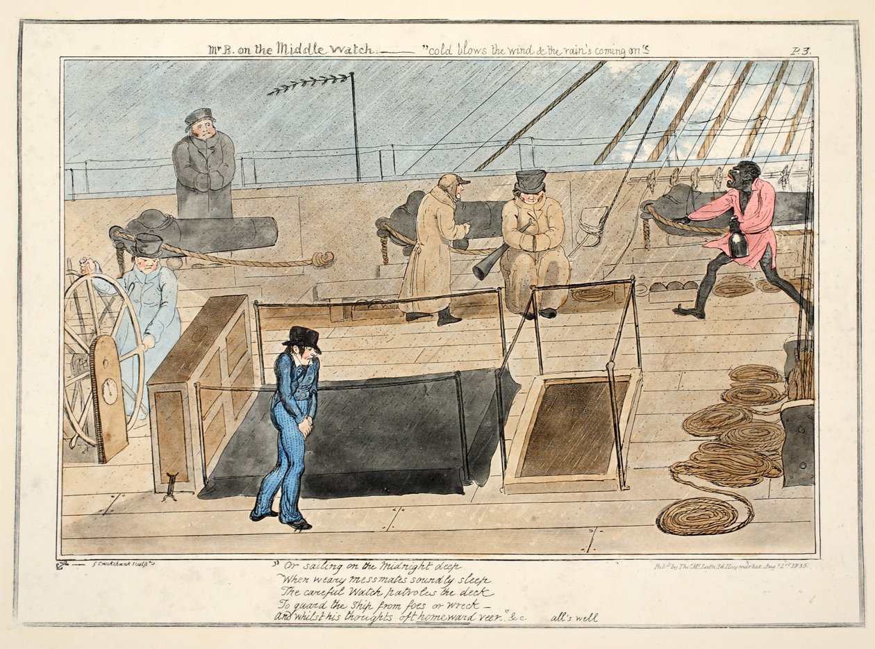 B先生在中间的手表上 - 冷风和雨水吹来，来自The Midshipman，pub.1835（手工彩色雕刻） 作者 乔治·克鲁克申克
