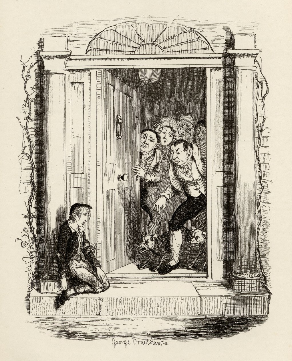 Oliver Twist在Maylie夫人的门口，来自查尔斯狄更斯（1812-70）1838年的“奥利弗·特威斯特历险记”，由Chapman und Hall出版，1901年 作者 乔治·克鲁克申克