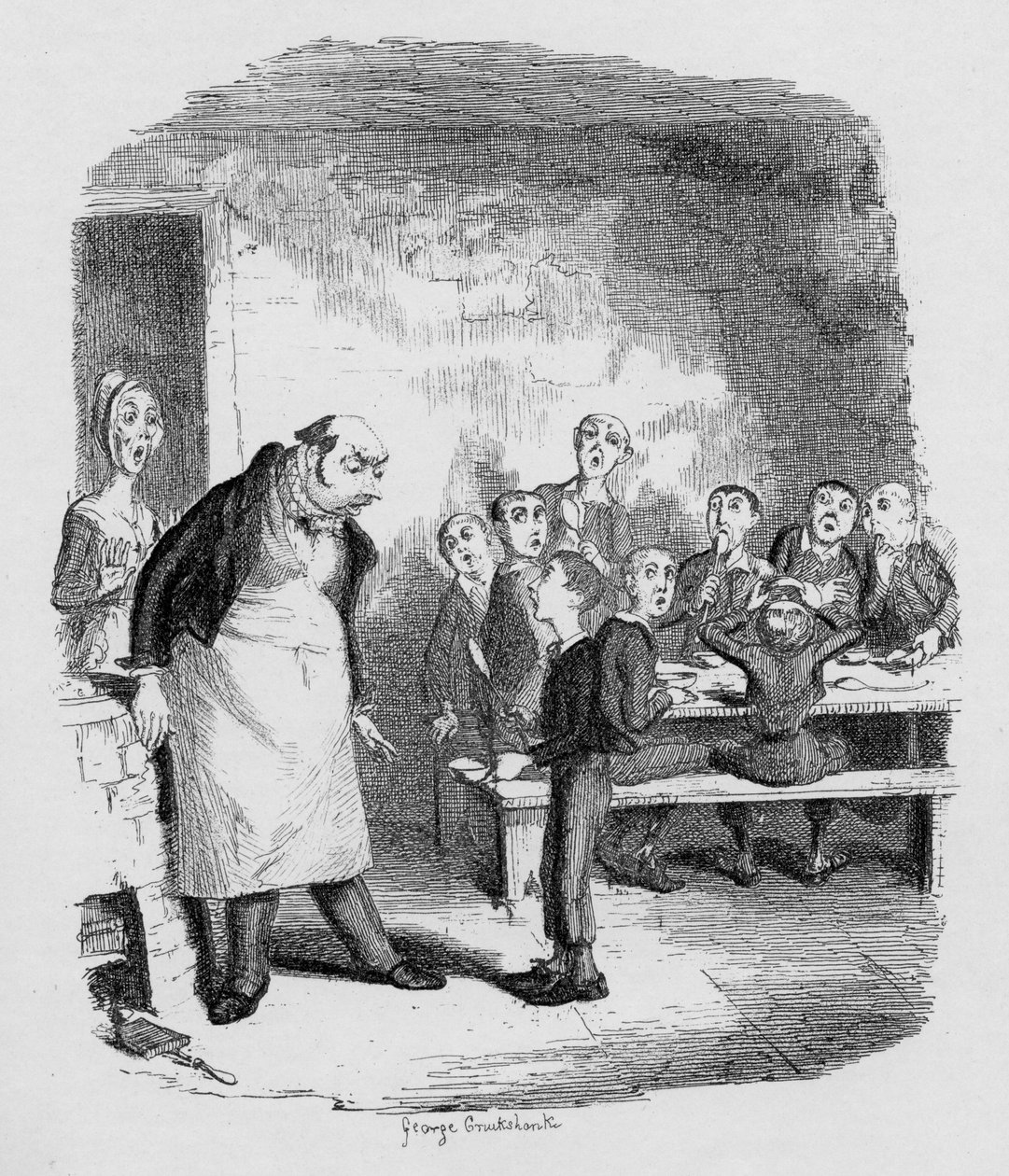 奥利弗要求更多，来自1838年查尔斯狄更斯（1812-70）的“奥利弗·特威斯特历险记”，由查普曼和霍尔出版，1901年 作者 乔治·克鲁克申克