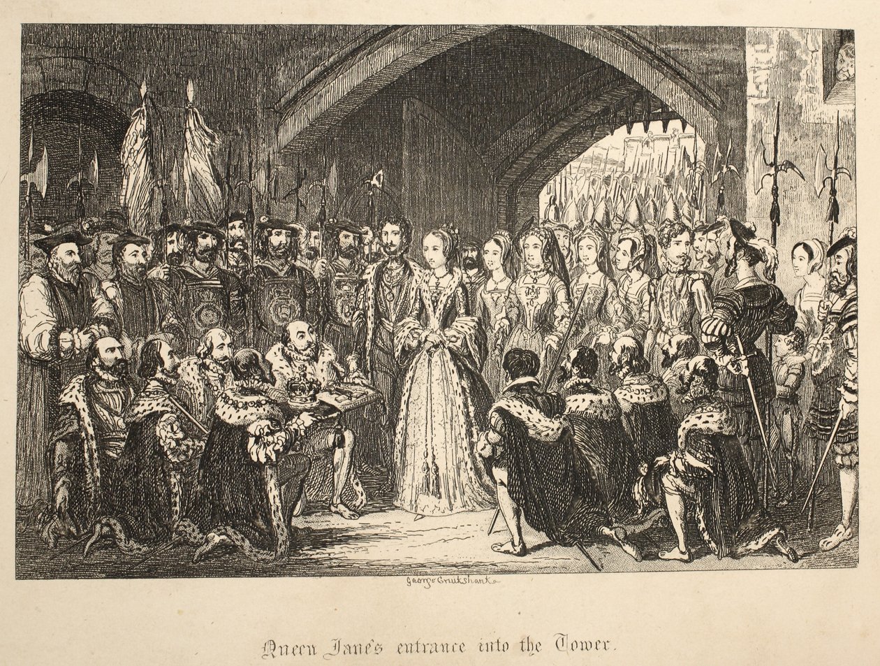Queen Janes入口塔，从伦敦塔，酒吧。 1840 作者 乔治·克鲁克申克
