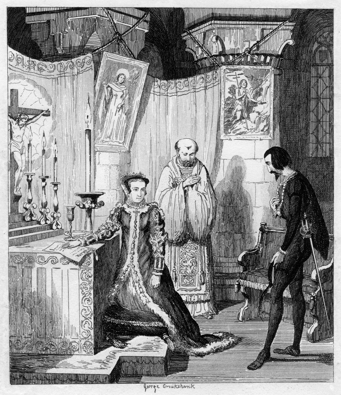 1840年，西蒙·雷纳德（Simon Renard）和西班牙菲利普（Philip）结婚后，玛丽皇后（Queen Mary） 作者 乔治·克鲁克申克