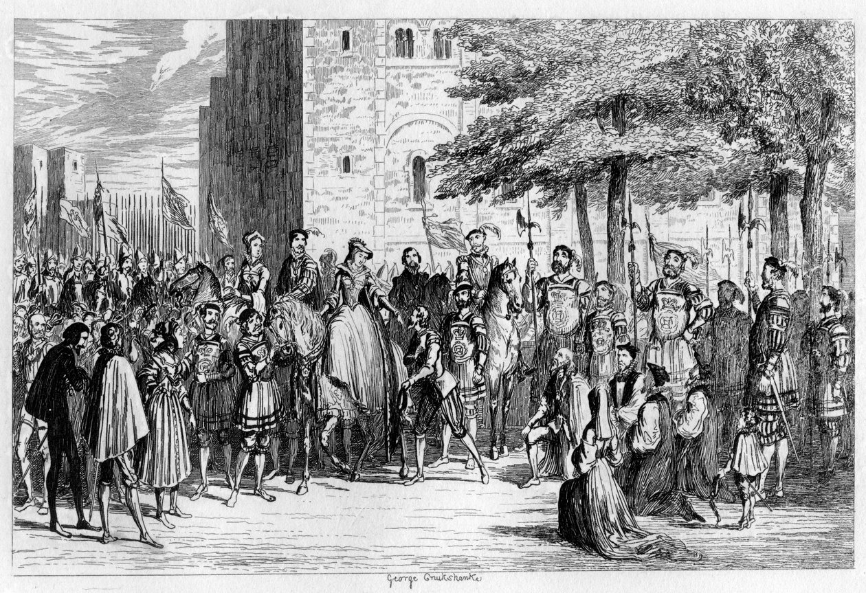 玛丽女王（Queen Mary）在1455年1840年的格林格林塔上接受了囚徒 作者 乔治·克鲁克申克