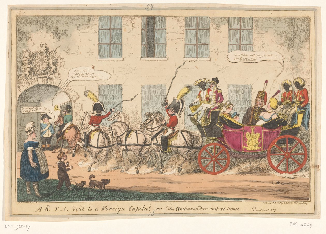 卡罗琳访问记, 1817年
R-Y-L访问外国首都，或者，大使不在家--！（标题见实物） 作者 乔治·克鲁克申克