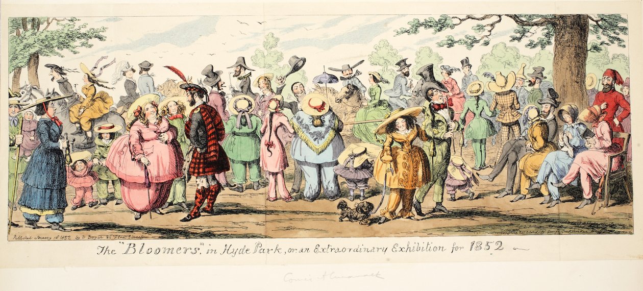 海德公园的Bloomers或1852年的特别展览，酒吧。 1852年（手工彩色雕刻） 作者 乔治·克鲁克申克