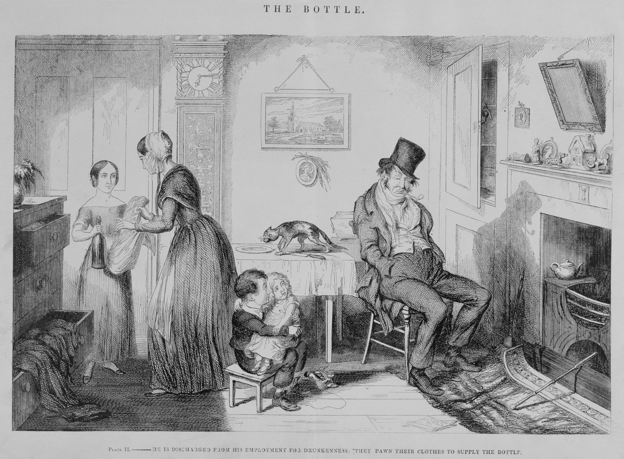 瓶子，盘子II，他因醉酒而被解雇：他们典当他们的衣服供应瓶子，1847年 作者 乔治·克鲁克申克