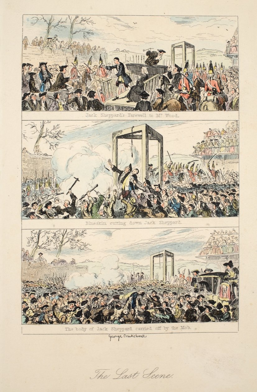 最后一幕》，插图选自威廉-哈里森-安斯沃思 1839 年出版的《杰克-谢泼德：威廉-哈里森-安斯沃思的作品《罗曼史》，1839 年出版（手工彩色蚀刻版画） 作者 乔治·克鲁克申克