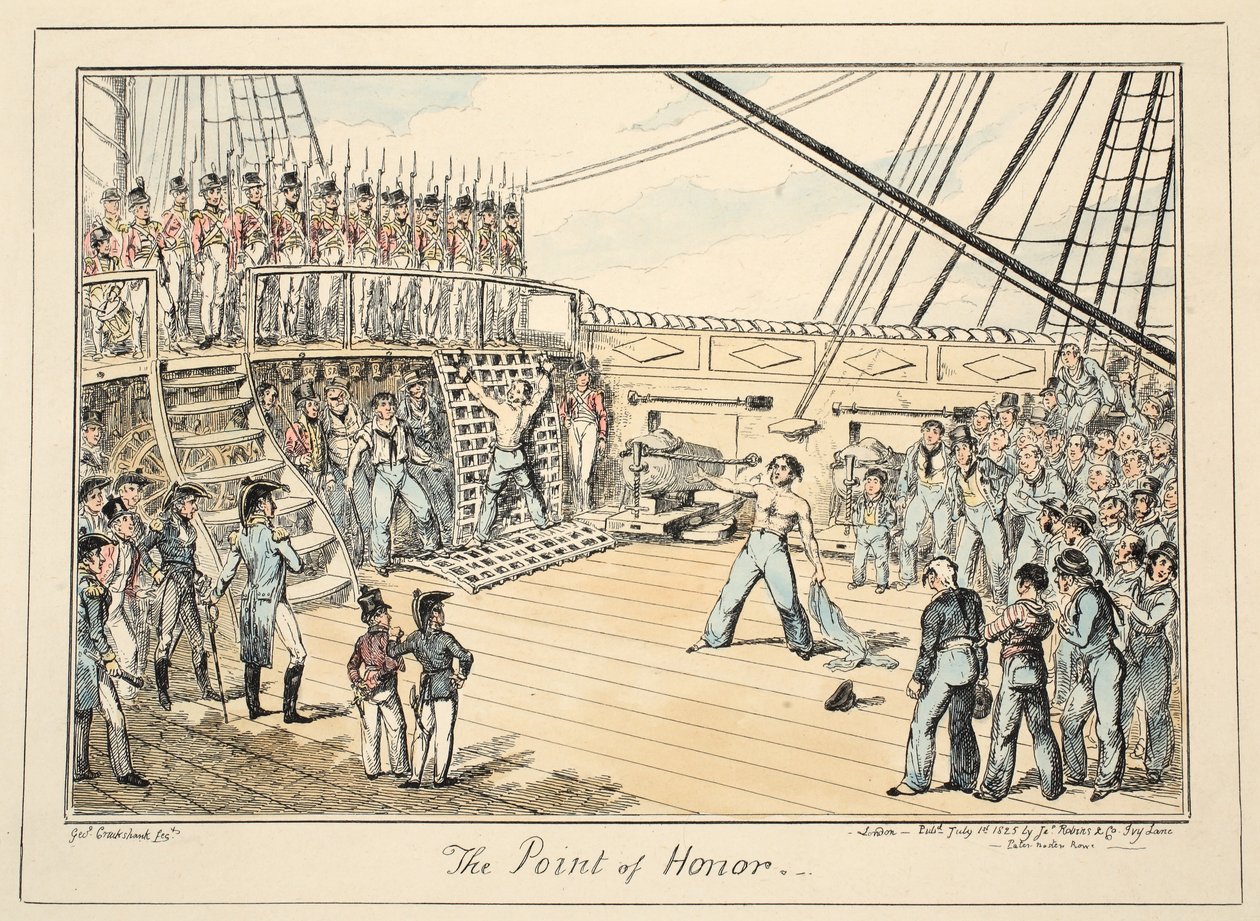 The Point of Honor，来自格林威治医院，一系列海军草图，描述了一个军人的生活，酒吧。 1825（手工彩色雕刻） 作者 乔治·克鲁克申克