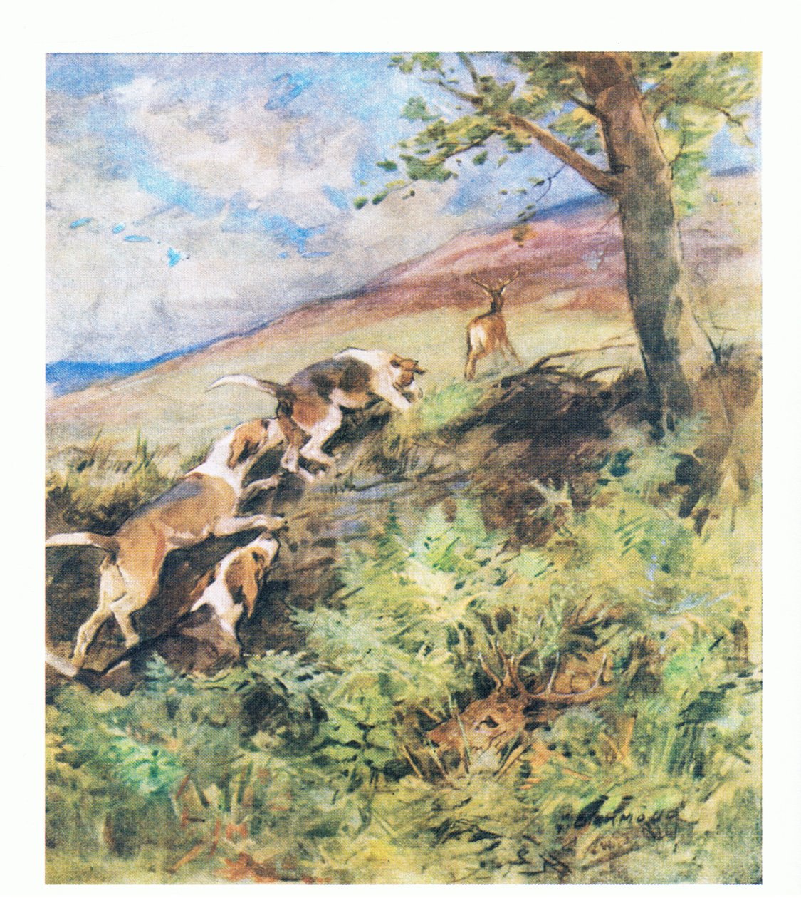 老雄鹿躺在拉斯蒂的床上，而年轻的鹿出发了，猎犬在追赶（彩色平版印刷） 作者 乔治·丹霍姆装甲