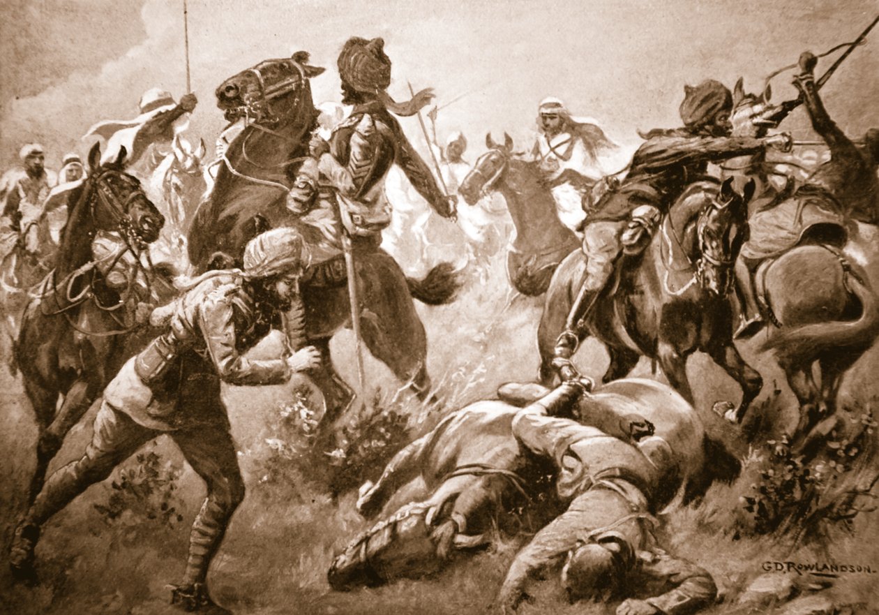 Risaldar Santa Singh，Dafadar Bisham Singh和Sowar Buda Singh突破了阿拉伯人的行列，得到了威洛比船长的协助 作者 乔治·德维尔·罗兰森