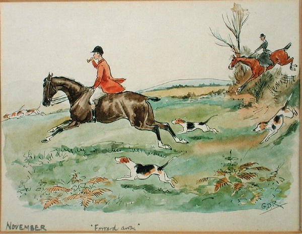11月：狩猎（纸上钢笔、墨水和水彩画） 作者 乔治·德维尔·罗兰森