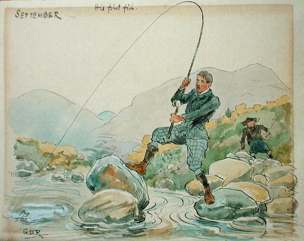 9月。垂钓（纸上笔墨和水彩）。 作者 乔治·德维尔·罗兰森