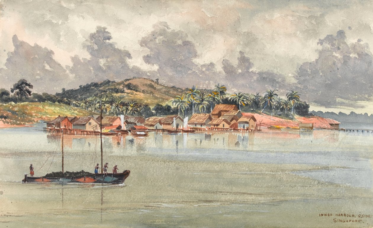 新加坡南区内港，c.1859-62（水彩画） 作者 乔治·埃尔斯·桑福德