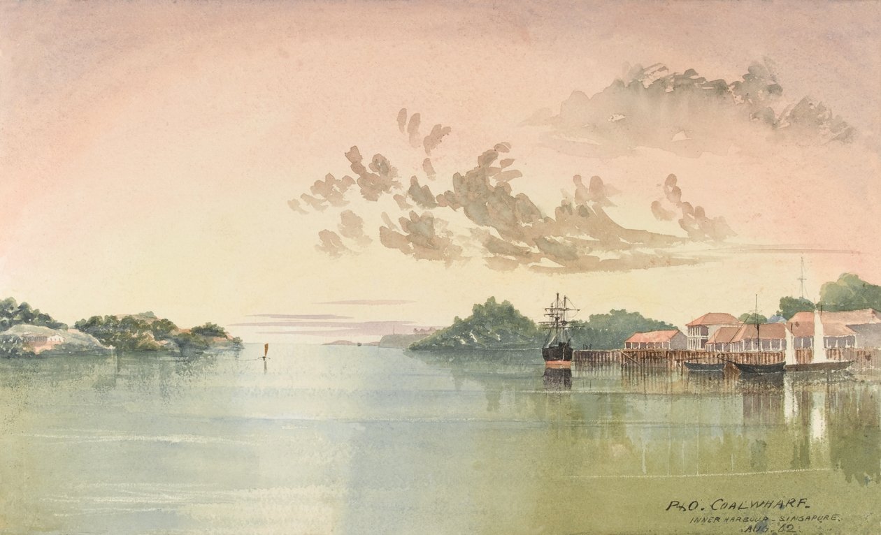 PO Coalwharf，新加坡内港，62 年 8 月（水彩画） 作者 乔治·埃尔斯·桑福德