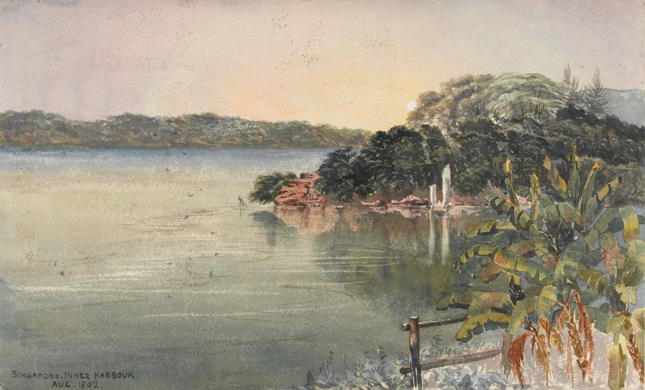 新加坡，内港，1862 年 8 月
 (水彩画） 作者 乔治·埃尔斯·桑福德